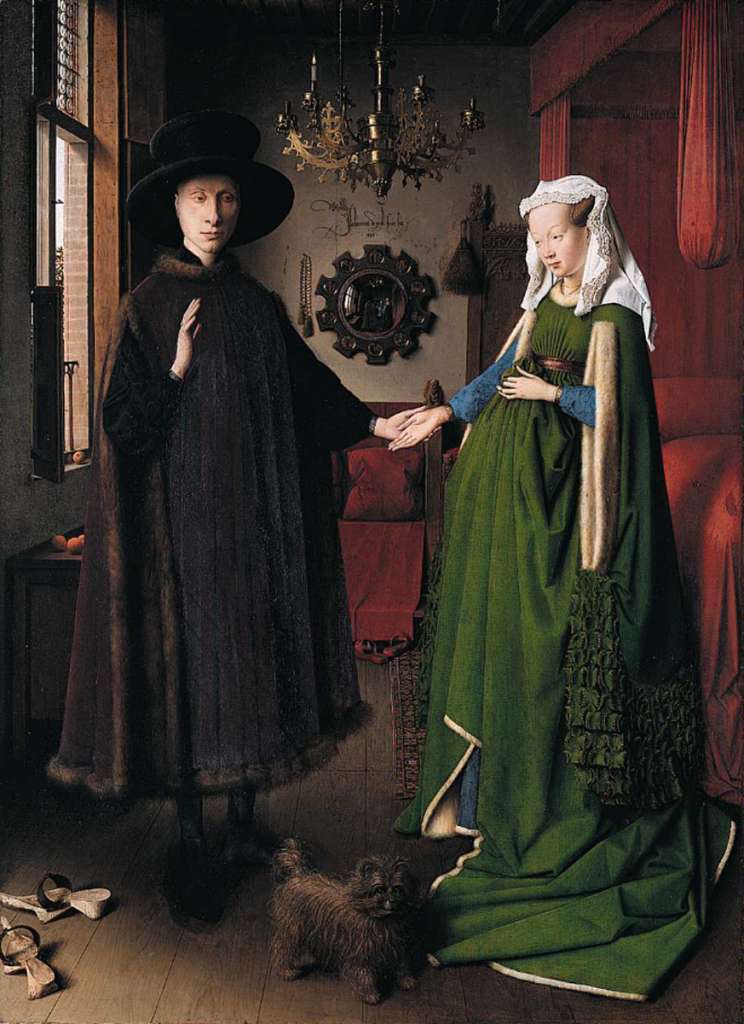 London National Gallery Top 20 02 Jan van Eyck - The Arnolfini Portrait Jan van Eyck - Portrait of Giovanni Arnolfini and his Wife, 1434, 82  60 cm. This painting was voted #4 in the 2005 BBC Greatest Painting in Britain Poll. This work is a portrait of a rich Italian merchant Giovanni Arnolfini and his wife, but is not intended as a record of their wedding. Although she looks as if she is pregnant, she is in fact wearing a very long dress, holding it up in front of her. The ornate Latin signature on the back wall translates as 